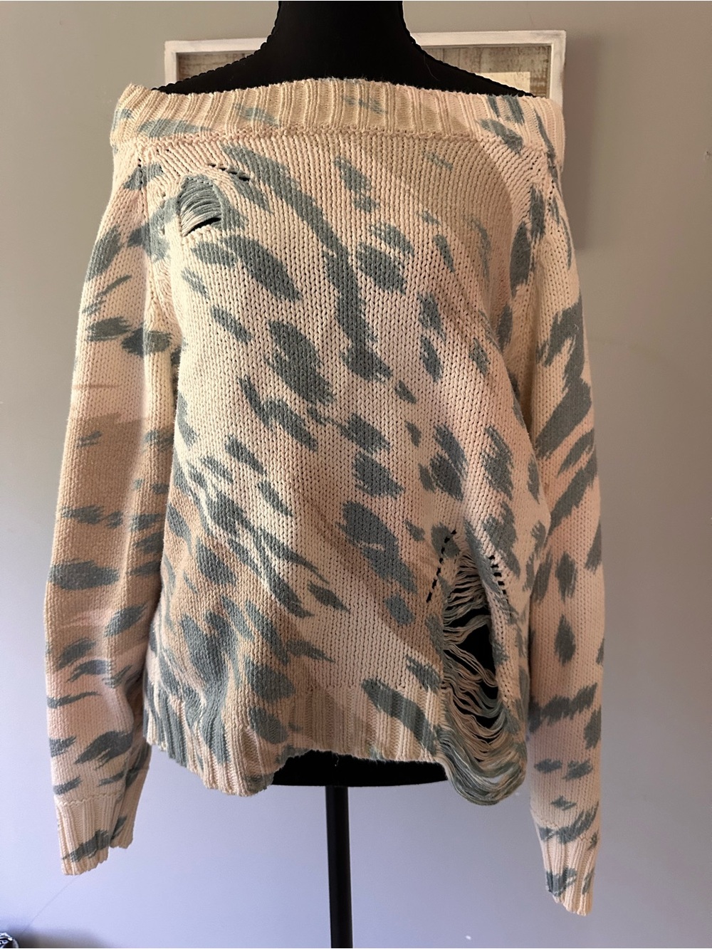 Umgee Distressed Off-the-Shoulder Tie-Dye Sweater in Cream and Sage